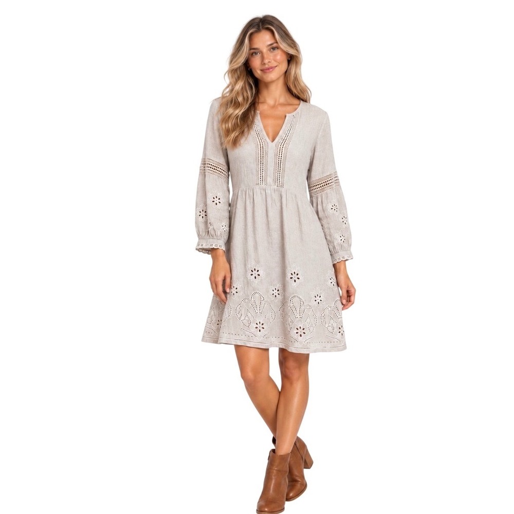 Tommy Bahama Linen Blend Embroidered Eyelet Shift Dress Oatmeal Beige Small S